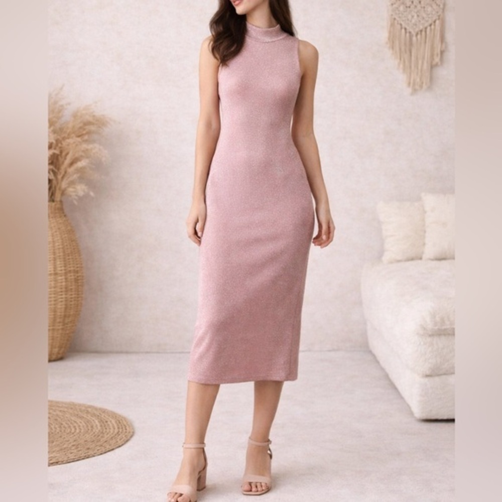 House of CB London Sleeveless Mock Neck Midi Dress in Sparkle Pink
